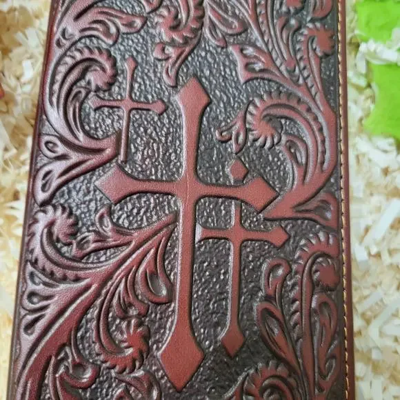 Cross Western Wallet Rodeo Cowboy Religious Real Leather bifold Brown Wa… - Picture 3 of 10